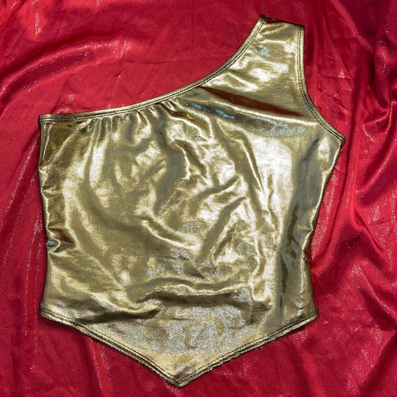 Gold, one shoulder crop top small lame Y2K - Picture 2 of 3